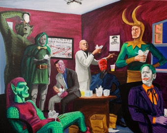 Super Villains Crossover plotting evil over Chinese food 12x16 Canvas Print of painting by Issa Ibrahim