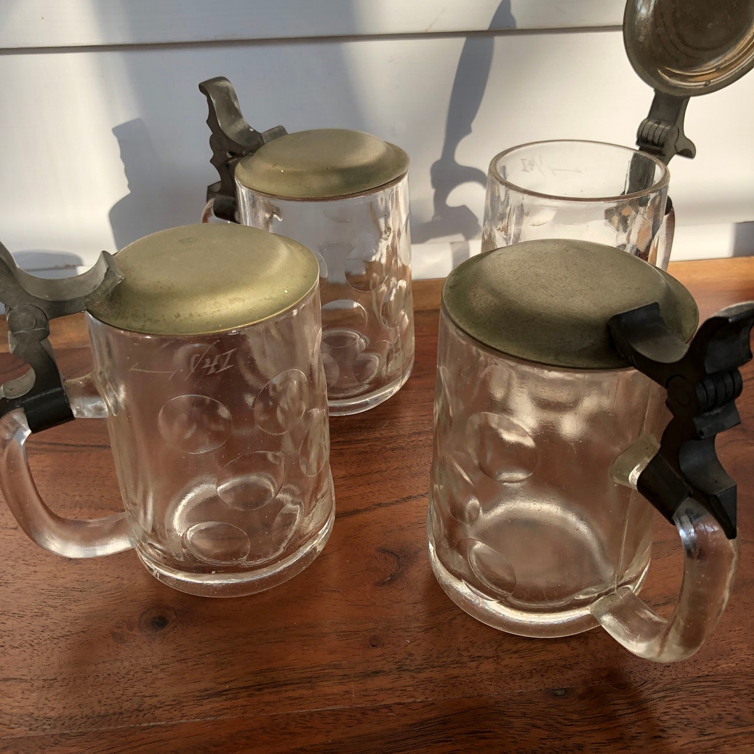 Set of 4 Vintage Bubble/dimple Glass Beer Stein Mugs With Pewter Metal