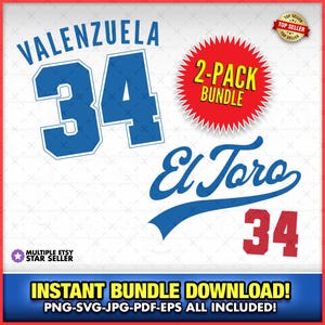Lot de 2 Fernando Valenzuela El Toro #34, SVG-PNG-EPS, clipart ballon, sport, coup de circuit, baseball, sport, téléchargement immédiat, Los Angeles