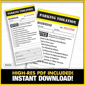 Prank Parking Tickets Print at Home PDF, Parking Violation, Humor, Funny Ticket, Fake Parking Ticket, Commuter, Novelty Ticket, Office Fun