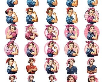 Rosie the Riveter PNG Design 30-Pack, Woman Power Files, Girl Power, 1940s, Instant Digital Download, Retro, Decals, Printable, World War II