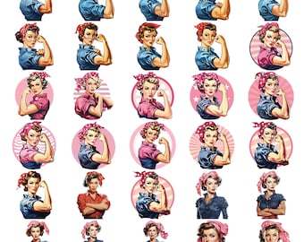 Rosie the Riveter PNG Design 30-Pack, Woman Power Files, Girl Power, 1940s, Instant Digital Download, Retro, Decals, Printable, World War II