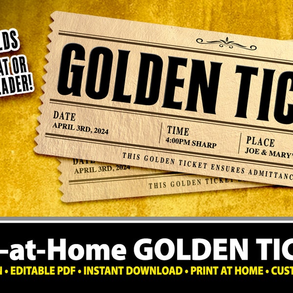 Printable Golden Ticket, Event Fun, Boarding Pass, Party Voucher, Fake Ticket, Coupon, Instant download, Editable PDF, Chocolate,Special
