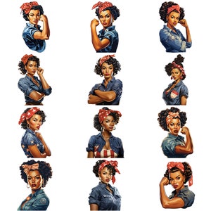 Rosie the Riveter Afro-Amerikaans PNG-ontwerp 12 pack, Woman Power, Girl Power, jaren 1940, direct downloaden, retro, stickers, afdrukbaar, WO II
