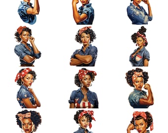 Rosie the Riveter African American PNG Design 12 Pack, Woman Power, Girl Power, 1940s, Instant Download, Retro, Decals, Printable, WWII