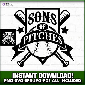 Sons of Pitches Humor de béisbol EPS-SVG-PNG, Deportes, Softbol, Gráfico de camiseta, Descarga instantánea, Bate de béisbol, Bases, Equipo de béisbol, Calcomanía