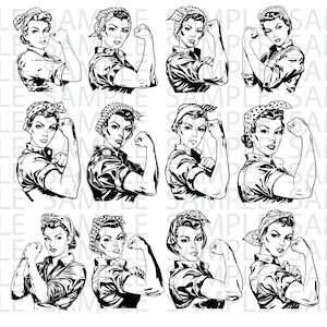 Rosie the Riveter SVG Design 12-Pack, Woman Power-Dateien für Cricut, Girl Power, 1940er Jahre, sofortiger digitaler Download, Retro-Grafiken, Abziehbilder