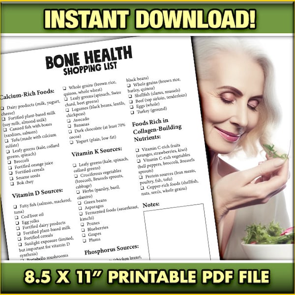 Bone Health Food Shopping List PDF, Bone Healthy Diet, Grocery List, Shopping List, Food Guide, Printable, PDF, Calcium Health, Healthy, Fun