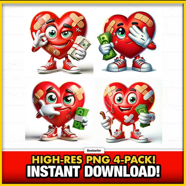 Broken Heart Counting Money Cash Bandage 4-Pack PNG, Hustling, Scar Face, Trap, Trapper, Tattoo Art Logo PNG, Cute Hearts, Cartoon, Fun Cash