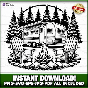 rv Camp Ground, camper SVG-PNG-PNG, vectorafbeelding, lasergraveerder, cnc, illustraties, laserklaar, snijplanken, campingplezier, kamperen, plezier