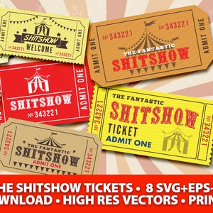 Bienvenue dans le spectacle de merde téléchargement immédiat SVG-PNG-JPG, bâillon rigolo, billet de cirque, maquette de billet, humour de fête, accessoire de fête, billets d'accessoire