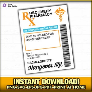 Verschreibung Hangover Kit Flaschen-Recovery-Kit druckbare Etikett, Bachelorette Party Favor, Party Girls, Notfall, Sofort Download, niedlich, Spaß