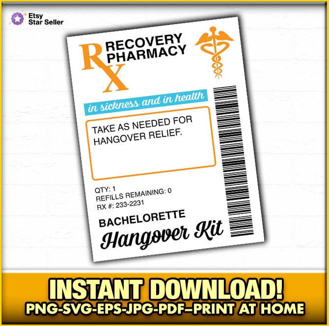 Prescription Hangover Kit Bottle Recovery Kit Printable Label, Bachelorette Party Favor, Party Girls, Emergency, Instant Download, Cute, Fun