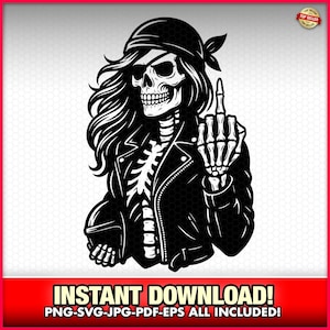 Female Grim Reaper Skeleton Motorcycle Chick Cut Files EPS-SVG-PNG Instant Download Laser, Lady Reaper, Middle Finger Skull Vector Tattoo