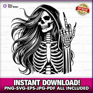 Archivos de corte de esqueleto de Grim Reaper femenino EPS-SVG-PNG, Vector de tatuaje de cráneo de dedo medio, Cameo, Láser de descarga instantánea Cricut, Linda Lady Reaper