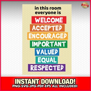Benvenuto, importante, accettato, rispettato, incoraggiato, apprezzato, modello di segno di uguale SVG-PNG-JPG, Scegli gentilezza, amore, unità, inclusione, classe