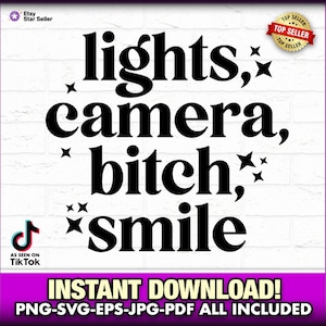 Lichten, camera, Bitch Smile SVG-EPS-PNG | Achterruitsticker | Girly autosticker | Motiverende quote | Positieve bevestiging, Cricut, TikTok