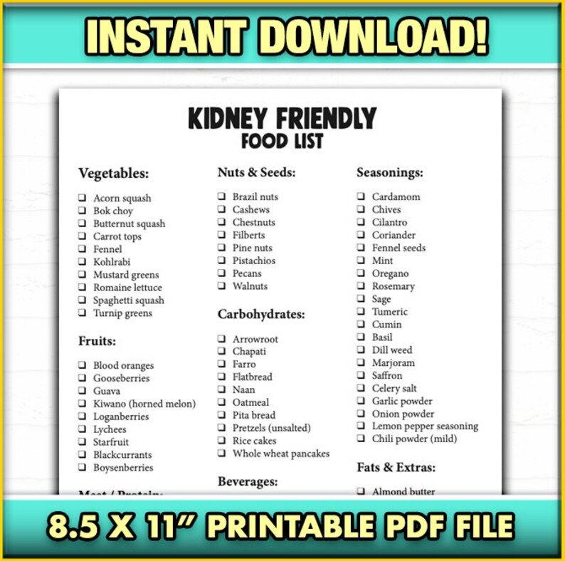 Kidney Disease Food Shopping List PDF, Kidney Diet, Low Potassium ...