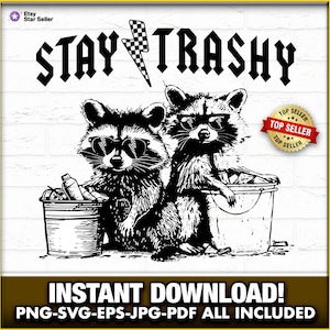 Stay Trashy SVG-PNG-EPS, Funny Stay Trashy Raccoons Squad Team Trash, Papelera, Humor divertido, Gafas de sol lindas, Rayo, Descarga instantánea
