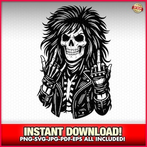 Female Grim Reaper 80&#39;s Rocker Skeleton Cut Files EPS-SVG-PNG Instant Download Laser, Lady Reaper, Fun, Middle Finger Skull Vector Tattoo