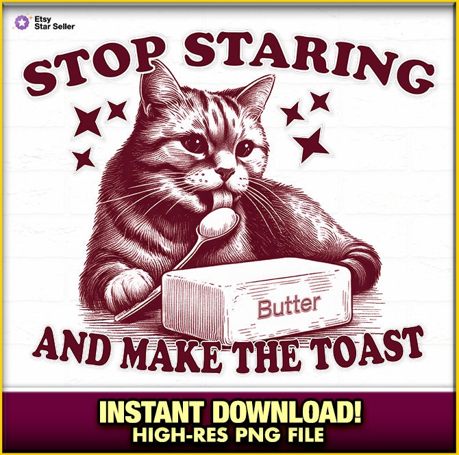 Cat Licking Butter Funny PNG Instant Download, Trendy Vintage Retro Cat