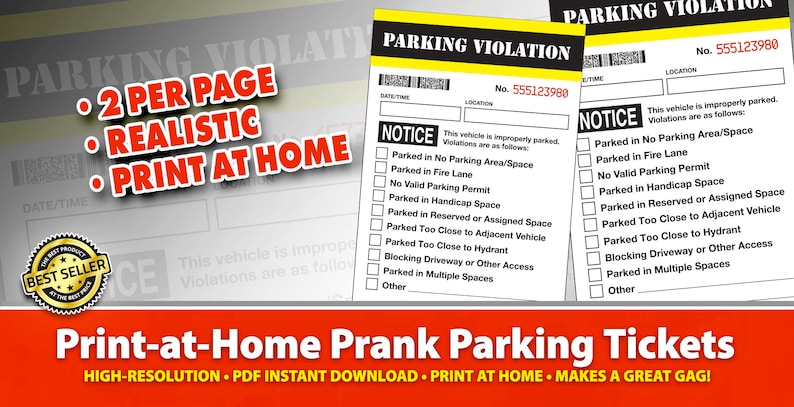 Prank Parking Tickets Print at Home PDF, Gag, Humor, Funny Ticket, Fake Parking Ticket, Commuter, Novelty Ticket,Office Fun, Office Humor