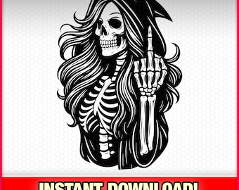 Female Grim Reaper Skeleton Cut Files EPS-SVG-PNG Instant Download Laser, Lady Reaper, Fun, Middle Finger Skull Vector Tattoo, Cameo, Cricut