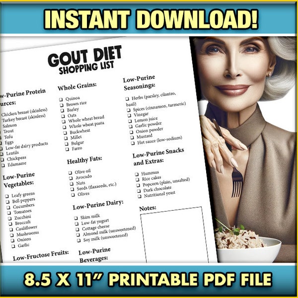 Gout Diet Food Shopping List PDF, Gout Relief Diet, Grocery List, Shopping List, Food Guide, Printable, PDF, Bone Health, Healthy Meal Prep