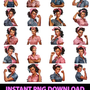 Rosie the Riveter African American PNG Design 20er Pack, Frauenpower, Frauenpower, 1940er Jahre, Sofort Download, Retro, Abziehbilder, bedruckbar, zweiter Weltkrieg