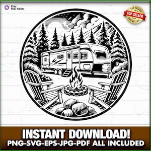 5th Wheel Campground, Camper SVG-PNG-PNG, Download istantaneo, Incisore laser, cnc, Clip art, pronto per il laser, taglieri, Divertimento in campeggio, Campo