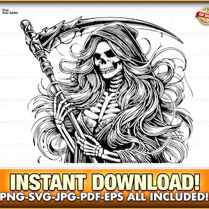 Archivos de corte de esqueleto de la parca femenina EPS-SVG-PNG, vector de tatuaje de calavera, calavera, diversión, fantasía de Halloween, cameo, Cricut, descarga instantánea, lindo