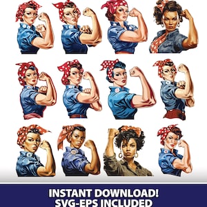 Rosie the Riveter SVG-EPS Design 12er-Pack, Frau Power, Girl Power, 1940er Jahre, Sofortiger digitaler Download, Retro, Abziehbild, bedruckbar, zweiter Weltkrieg