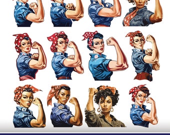 Rosie the Riveter SVG-EPS Design 12-Pack, Woman Power Files, Girl Power, 1940s, Instant Digital Download, Retro, Decals, Printable, WWII