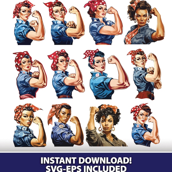 Rosie the Riveter SVG-EPS Design 12-Pack, Woman Power Files, Girl Power, 1940s, Instant Digital Download, Retro, Decals, Printable, WWII