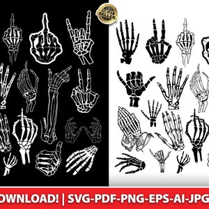 Skeletthand 20er-Pack SVG-PNG-JPG, Sofortiger digitaler Download, Ausdruck zu Hause, Cricut, Schneidedatei, Schädel, Motorrad, Peace, Mittelfinger