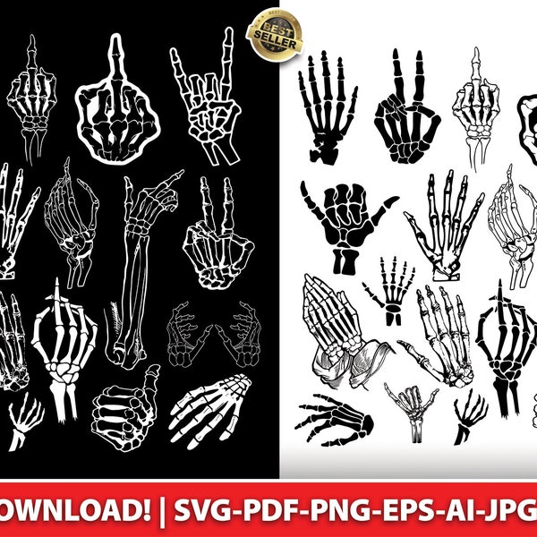 Skeleton Hand 20-Pack SVG-PNG-JPG, Instant digital download, print at home, cricut, cutting file, skull, motorcycle, peace, middle finger