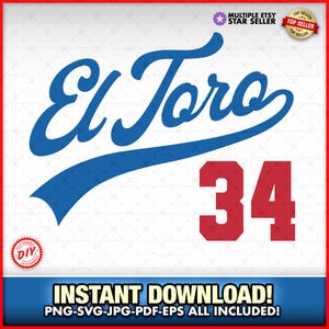 Koszulka El Toro Fernando Valenzuela #34 Los Angeles SVG-PNG-EPS, Clipart z piłką, Sport, Home Run, Koszulki baseballowe, Sport, Natychmiastowe pobieranie