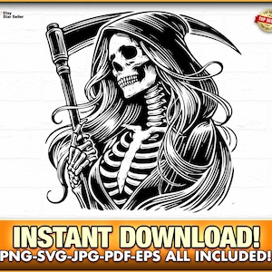 Archivos de corte de esqueleto de la Parca femenina (EPS-SVG-PNG), tatuaje de calavera vectorial, Cricut, descarga instantánea, lindo, calavera, divertido, fantasía de Halloween, cameo