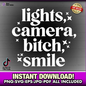 Lichten, camera, Bitch Smile SVG-EPS-PNG | Sticker achteruitkijkspiegel | Girly autosticker | Motiverende quote | Positieve bevestiging, Cricut, TikTok