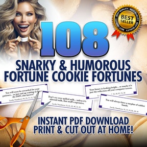 108 fortunes humoristiques et humoristiques de biscuit de fortune, chinois à emporter, téléchargement instantané de PDF, couper et imprimer à la maison, drôle, fête, mignon, jeu de société