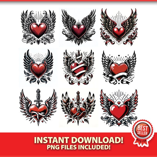 Tattoo Traditional Heart PNG Bundle | Love | Valentine's Day | Tattoo Sheet | Instant Download | Vintage Valentine Clipart | Vintage Clipart