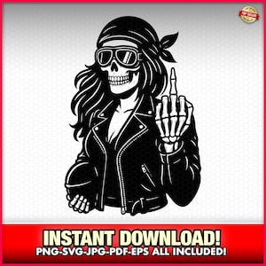 Female Grim Reaper Skeleton Motorcycle Chick Cut Files EPS-SVG-PNG Middle Finger Skull Vector Tattoo, Instant Download Biker, Lady Reaper