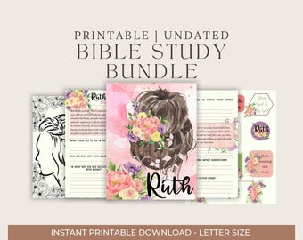 May include: Printable Bible study bundle with a floral design featuring the name "Ruth". The bundle includes a coloring page, a study guide, and stickers.