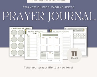 May include: Printable prayer journal worksheets with 11 pages. The worksheets include sections for answered prayers, prayer requests, what God revealed, and a prayer tracker.