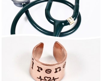 Engrave Stethoscope ID Tag. Copper. MA Stethoscope Ring. Hand Stamped Gift.