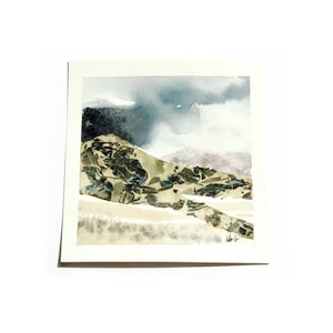 Astratto, Acquerello originale, paesaggio, montagne, nuvole temporalesche, arte murale, acquerello bagnato, Islanda, decorazione d'interni, regalo,10x10cm