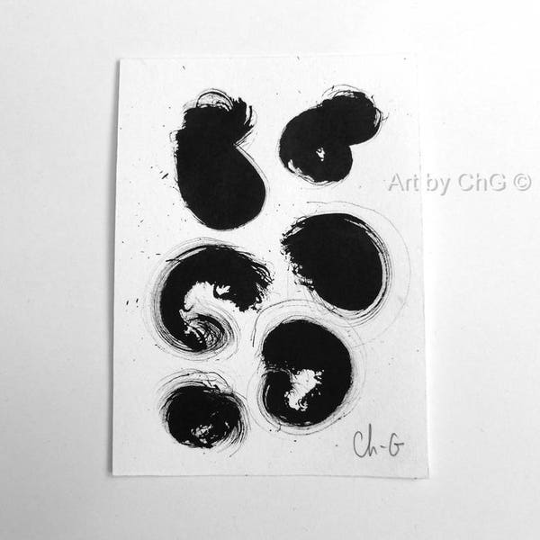 Peinture originale abstraite,Points libres, Encre contemporaine, Art abstrait, Forme noire, Minimaliste_ 9 x 13 cm