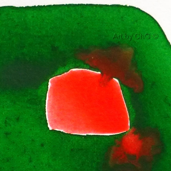 Peinture abstraite originale, Coeur rouge dans le vert, Aquarelle minimaliste, zen, Art by ChG_13 x 18 cm