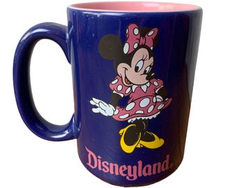 Disneyland Minnie Mouse Collector Coffee Mug Vintage 16 oz Blue Pink Polka Dot Bow