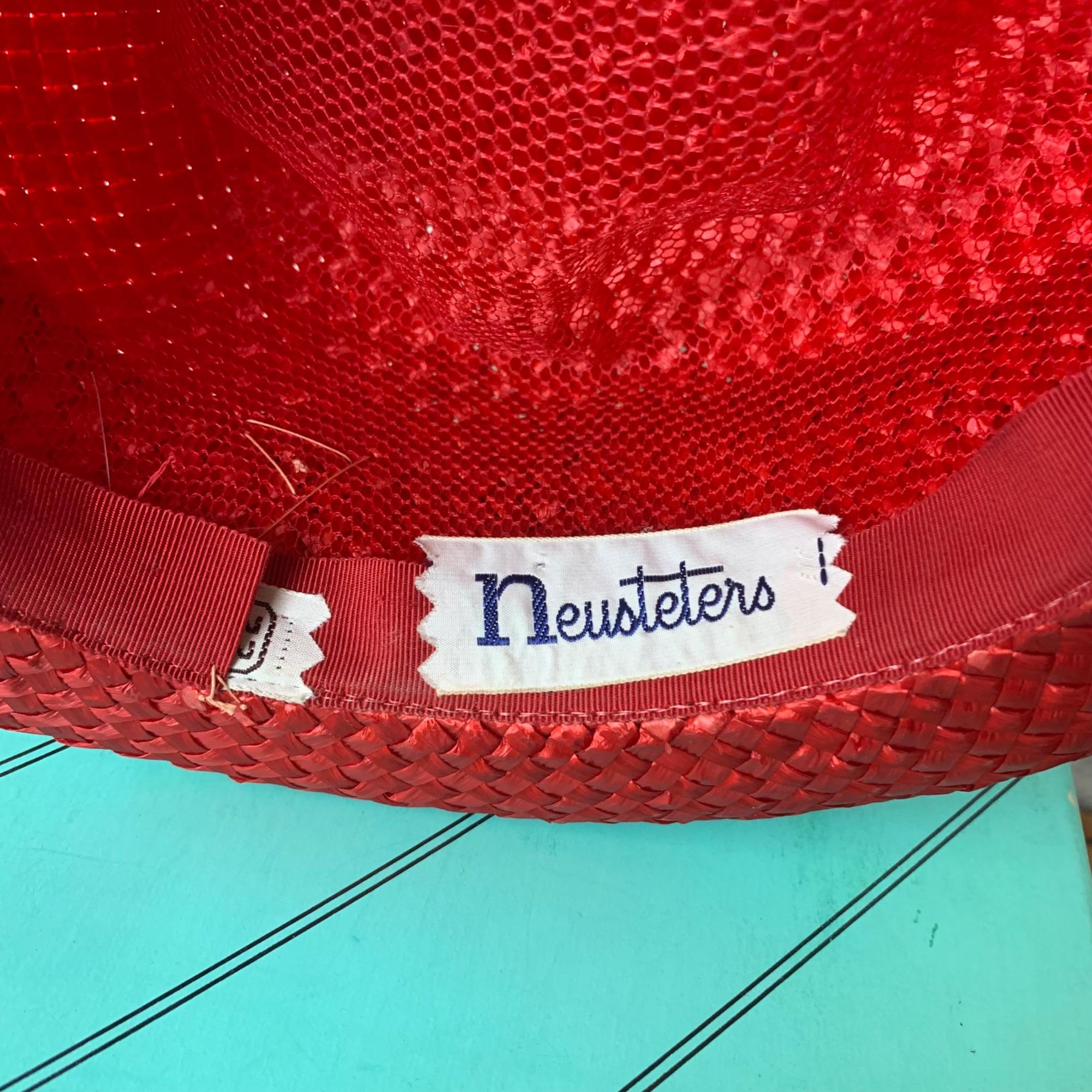 Vintage Neusteters Red Straw Hat With Ribbon - Size 22, With  display picture 1